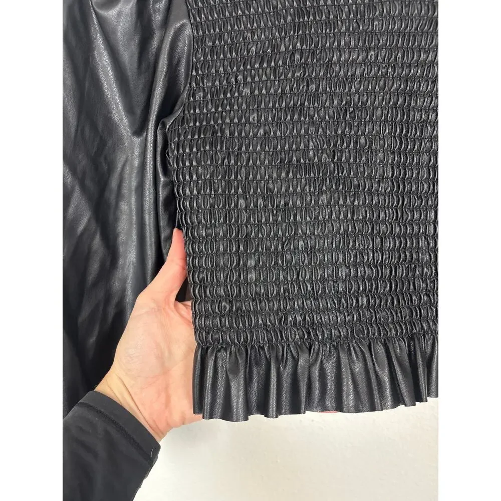 Zara Smocked Balloon Sleeve Ruffle Neck Faux Leather Cropped Blouse Large